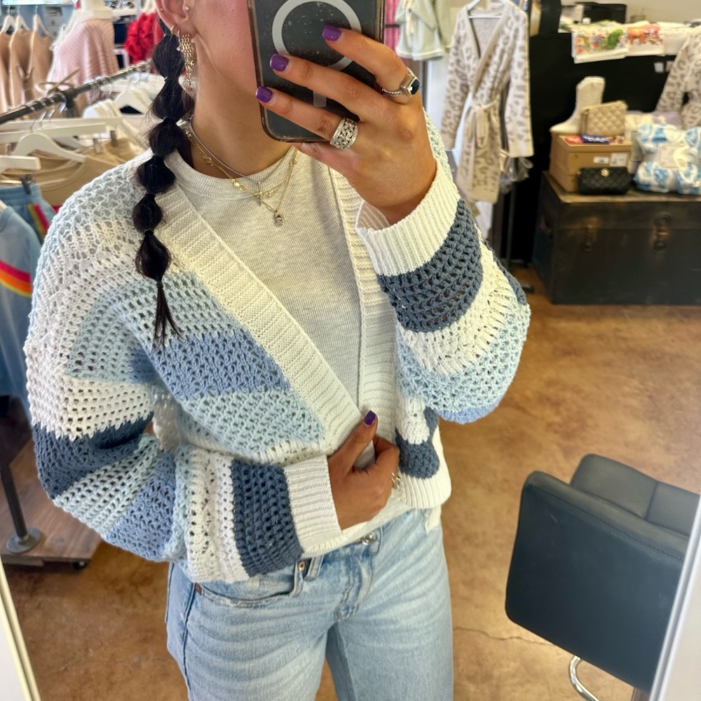 Blue and White Chunky Knit Cardigan